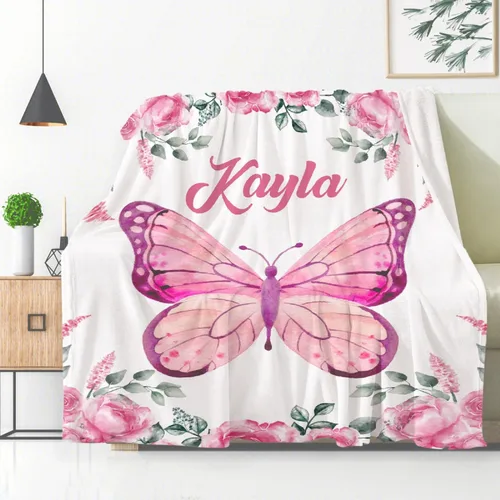 Miniatura 3 de Manta personalizada con nombre, manta personalizada para bebé, regalos conmemorativos para envolver cumpleaños de niños pequeños, mariposa