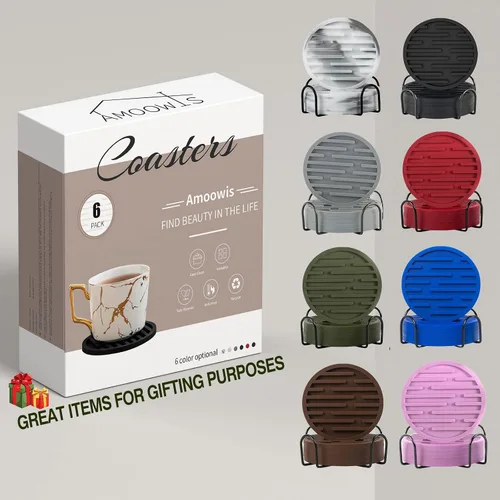 Miniatura 6 de Juego de 6 posavasos de silicona para bebidas con soporte, impermeables, antideslizantes, reutilizables, posavasos duraderos para mesa, bar