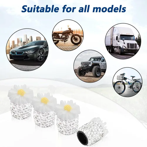 Miniatura 6 de 4 Pack de tapas de vástago de válvula brillantes con cristal de rhinestone en forma de margarita a prueba de polvo, universal para autos, camiones