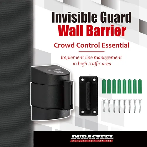 Miniatura 2 de DuraSteel Barrera retráctil para cinturón de control de multitudes de montaje en pared, cinturón de barrera retráctil negro de 9.2 pies, barreras