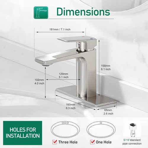 Miniatura 6 de VOTON Grifo de baño de níquel cepillado de una sola manija, grifo de baño de 1 o 3 agujeros, grifo de lavabo de baño con placa de cubierta, grifo