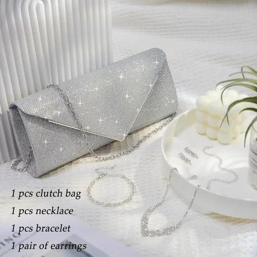 Miniatura 4 de Juego de 4 piezas de plata para mujer, bolso de mano brillante con diamantes de imitación, bolso de mano para regalo de fiesta de boda, plateado