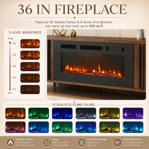 Miniatura 5 de Soporte de TV de lujo de 70 pulgadas con chimenea, moderno soporte de TV de mediados de siglo, centro de entretenimiento para televisores de hasta