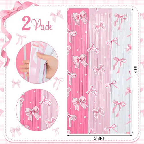 Miniatura 2 de Panelee Telón de fondo de lazo rosa de 3.3 x 6.6 pies, cortina de flecos de papel de oropel con flecos, lazos rosados, decoración de fiesta