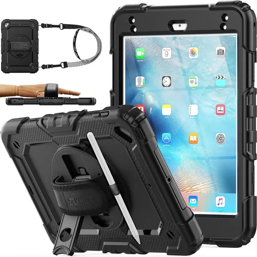 SEYMAC stock Funda para iPad mini 5/4 con protector de pantalla y portalápices [correa de mano giratoria 360] y soporte, funda a prueba de caídas
