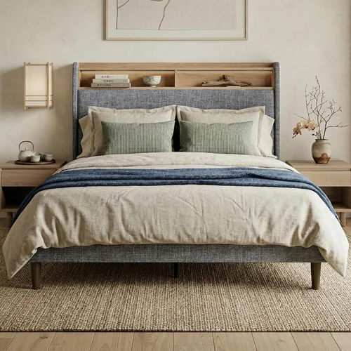 Base de cama matrimonial con cabecera de almacenamiento con respaldo alado de 51.8 pulgadas, plataforma tapizada gris con estación de carga (tipo C)