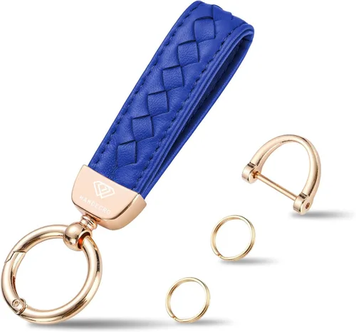 Miniatura 14 de Hamdecro Llavero de cuero genuino para automóvil, llaves de oveja tejidas a mano para mujeres, soporte universal para llavero con rotación de 360
