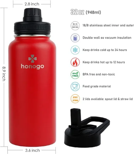 Miniatura 2 de Botella de agua deportiva con aislamiento al vacío de doble pared con recubrimiento en polvo, 32 oz, de acero inoxidable 18/8 con boca ancha, tapa