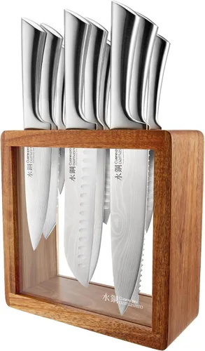 Miniatura 10 de Cuisine: pro Damashiro - Bloque de cuchillos Satori de 8 piezas, juego de cuchillos de acero japonés con bloque de cuchillos de madera de acacia