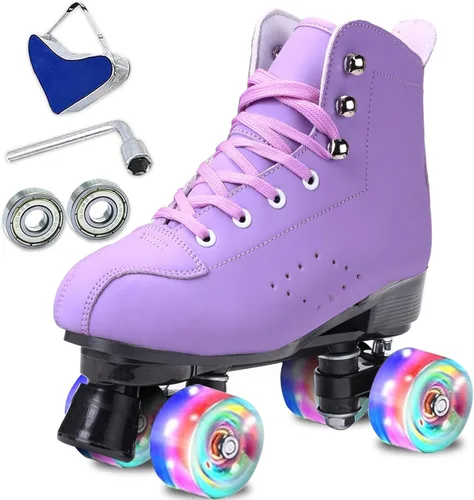 Miniatura 8 de Patines para mujer y hombre de caña alta en negro, de cuero sintético clásico, patines de doble fila ajustables para interiores y exteriores