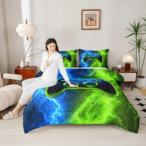 Miniatura 32 de Manfei Juego de edredón moderno de 2 piezas con estampado de consola de videojuegos de panal azul con 1 funda de almohada, juego de ropa de cama