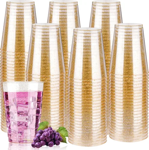 Miniatura 9 de Goodluck 100 vasos de plástico con purpurina dorada de 9 onzas, vasos desechables con purpurina, elegantes vasos de cóctel de plástico, vasos