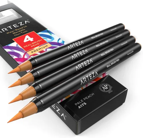 Miniatura 59 de Arteza Bolígrafos de pincel real, A174 gris delfín, paquete de 4, bolígrafos de acuarela con puntas de pincel de nailon, suministros de arte