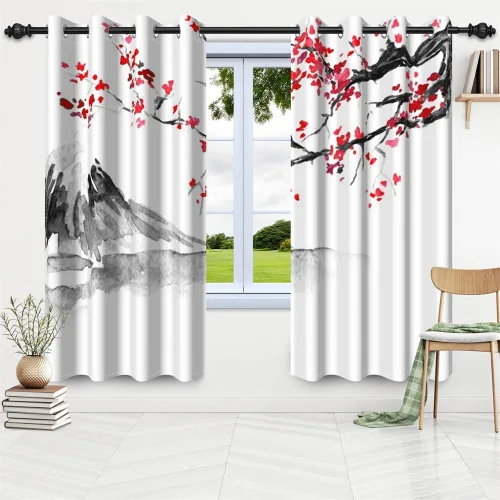 Miniatura 138 de Cortinas japonesas con pintura de tinta, monte Fuji, sol rojo, puesta de sol, hojas de bambú, cortinas de ventana para dormitorio, sala de estar