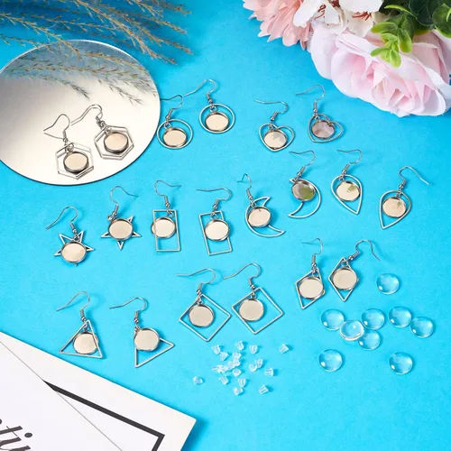 Miniatura 6 de FASHEWELRY 20 piezas bandejas de bisel de acero inoxidable para aretes geométricos configuración de bisel en blanco corazón luna redondos aretes