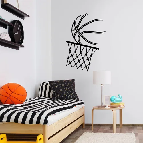 Calcomanía de vinilo para pared, pelota de baloncesto y aro, 21 x 14 pulgadas, diseño positivo y divertido para el hogar, habitación de los niños,