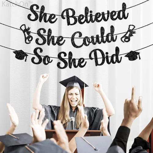 Miniatura 7 de KatchOn, Cartel de She Believed She Could So She Did: purpurina de 10 pies, sin bricolaje Cartel de felicitación para decoración de fiesta