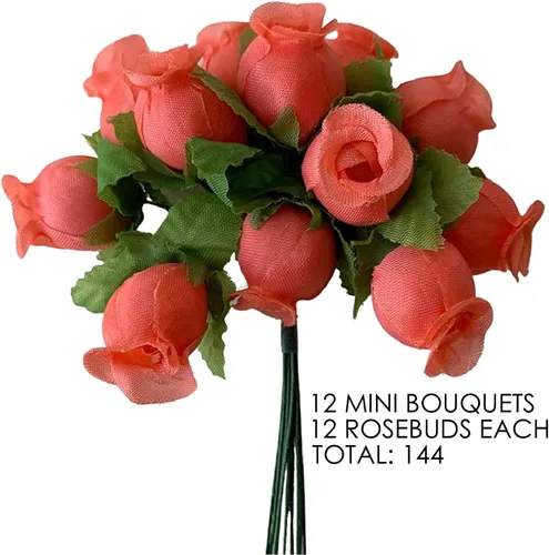 Miniatura 3 de GiftWrap Etc. Rosas artificiales de seda coral – 12 mini ramos de 12 capullos de rosa, 144 capullos de rosa en total, boda, recepción, aniversario