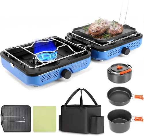 Miniatura 11 de Hisencn Estufa de campamento, estufa de campamento de propano de 2 quemadores, plancha dual, estufa de propano portátil de 30,000 BTU con bolsa
