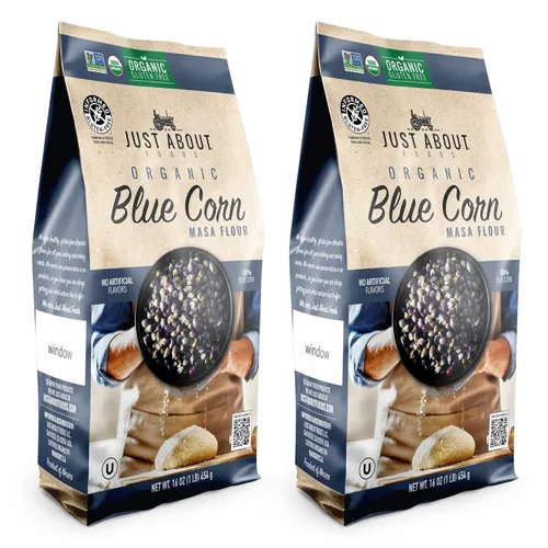 Just About Foods Harina de Maíz Azul Orgánico | USDA Orgánico | Sin Gluten, Kosher y Vegano | 1 LB (454 g) Paquete de 2