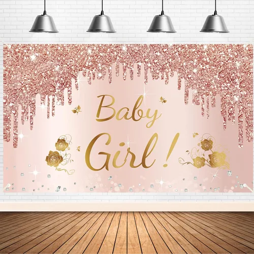 Decoración de baby shower, pancarta para niña, fondo de fiesta de baby shower, fondo de fiesta de baby shower, fondo de fotomatón de fondo rosa