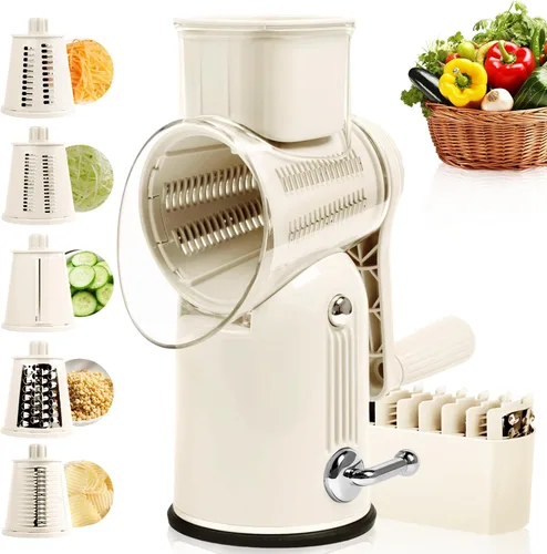 Miniatura 11 de Rallador rotativo de queso con asa, triturador de verduras con 5 cuchillas reemplazables y base de succión fuerte, rebanador redondo de alimentos