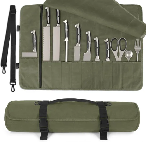 lelezone Bolsa enrollable para cuchillos de chef, resistente al agua, funda de lona encerada para cuchillos, bolsas enrollables para chefs