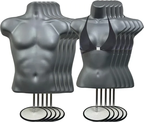 Miniatura 28 de Torso de maniquí masculino y femenino con soporte de metal, cuerpo hueco en la espalda, forma de vestido apilable para exhibición de camisetas, Gris