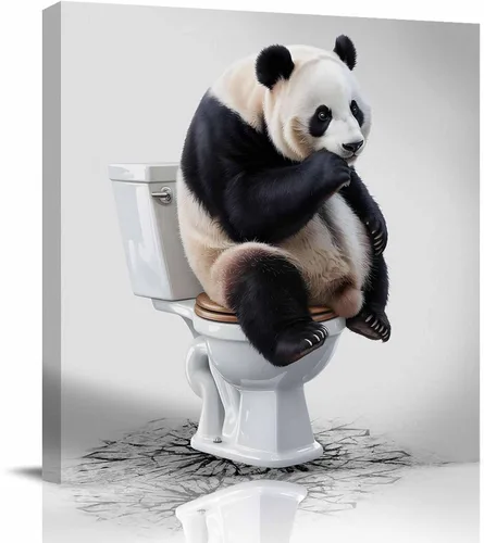 LooPoP Lienzo decorativo para baño, arte de pared enmarcado, decoración de pared divertida, galería de animales, impresión de panda pensador en el