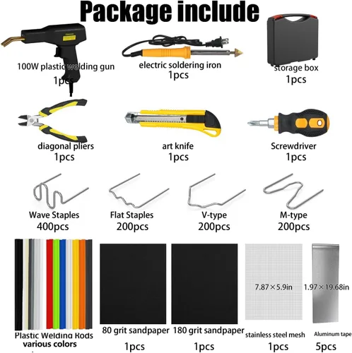 Kit de soldador de plástico mejorado de 100W, kit de reparación de plástico con grapadora caliente de 1000 piezas para reparación de grietas de Negro