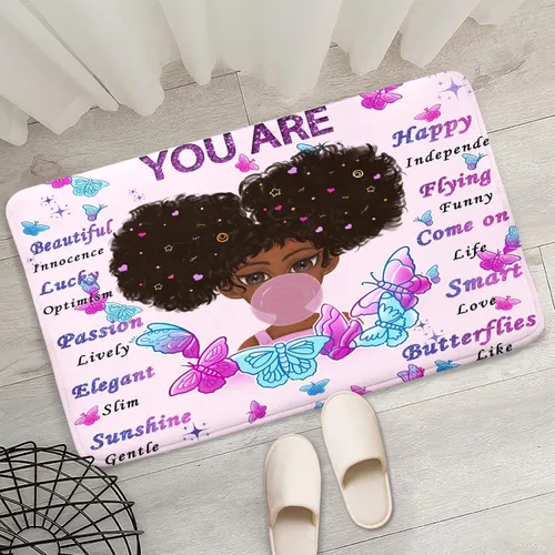 Miniatura 17 de Alfombra de área para dormitorio de niñas negras africanas, alfombra para sala de estar, sala de juegos, azul, lindo anime de dibujos animados