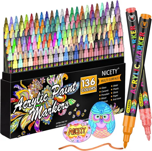 NICETY Marcadores de pintura acrílica de 136 colores, rotuladores de pintura acrílica de punta extra fina para pintura en rocas, lienzo, madera,