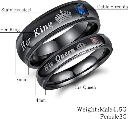 Miniatura 5 de Conjunto de 2 anillos negros de acero inoxidable para parejas, de compromiso, de boda, frase en inglés His Queen y Her King