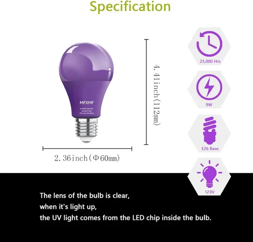 Miniatura 7 de Paquete de 4 bombillas LED negras A19, 9 W (equivalente a 100 W), base E26 regulable, luces negras regulables, nivel UVA 385-400 NM, bombillas