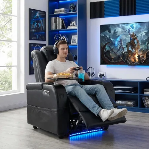 Miniatura 2 de Airadlis Asientos de cine en casa, sillas de cine de doble potencia, sofá reclinable de teatro con iluminación ambiental de 7 colores, almohada