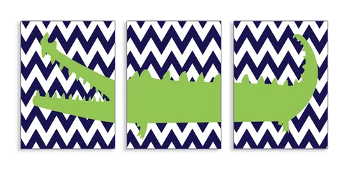 The Kids Room by Stupell Alligator On Navy Chevron - Juego de placas rectangulares de pared de 3 piezas, 11 x 0.5 x 15, fabricadas con orgullo en
