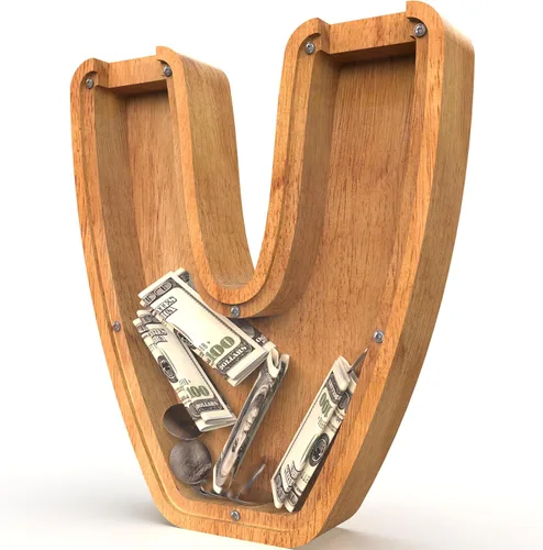 Miniatura 70 de Alcancía para niños y niñas, alcancía grande de madera personalizada con diseño recortado, bancos de monedas con letras del alfabeto, caja de ahorro