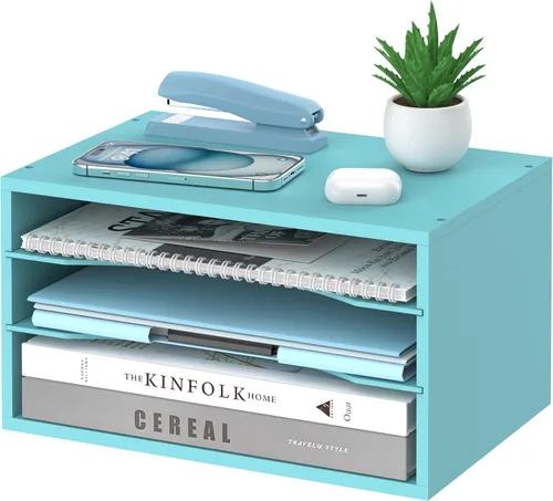 Miniatura 18 de Organizador de escritorio de madera de 5 niveles, organizador de bandeja de papel para escritorio con estantes de almacenamiento ajustables, Blanco