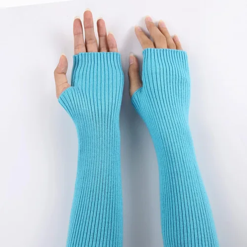 Miniatura 15 de Facecozy Calentadores de brazos para mujer, mezcla de lana de cachemira, guantes largos sin dedos para mujer, guantes para clima frío con agujero