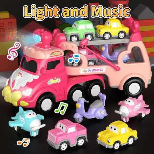 Miniatura 2 de newcrave - Juguetes de camiones para niñas de 1, 2, 3 años, juguetes de autos transportadores 7 en 1 para niñas pequeñas de 1-2, 2-3 años, juguete