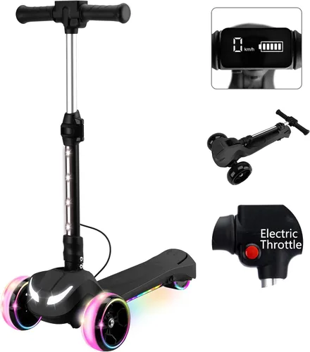 Patinete eléctrico de 24V para niños con motor potente de 150W, acelerador de pulgar, pantalla LCD, Bluetooth, luz en el manillar, plataforma y Negro