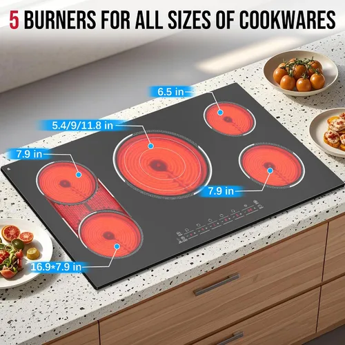 Miniatura 5 de Placa de cocina eléctrica de 5 quemadores, estufa eléctrica de 36 pulgadas 9600W, placa de cerámica incorporada con quemador para barbacoa, control