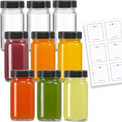 Miniatura 8 de Paquete de 9, botellas de vidrio de 2 onzas con tapas negras y 9 etiquetas, tarro pequeño transparente para jengibre, inyección de bienestar, jugo