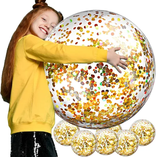 Civaner 6 Piezas Pelotas de Playa Inflables con Purpurina de 24 Pulgadas, Pelotas Grandes de Piscina con Confeti Brillante para Decoraciones de Oro