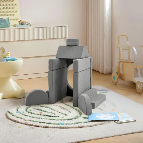 Miniatura 7 de Karl home Sofá infantil de 14 piezas, sofá modular para niños, sofá multifuncional de espuma para niños, escalada y relajación, sofá convertible gris