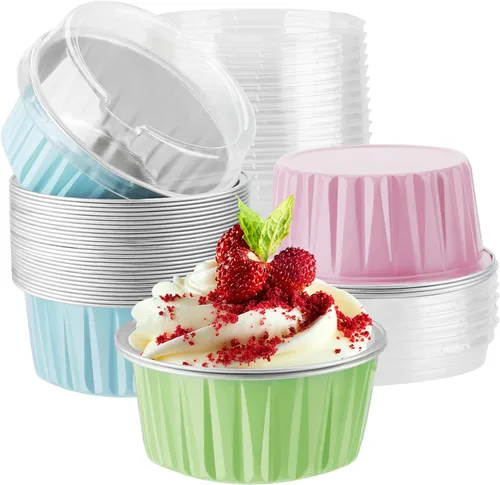 Miniatura 14 de EUSOAR Forros para cupcakes con tapas, 30 piezas desechables de papel de aluminio de 5 onzas, moldes para hornear cupcakes, envases de postre