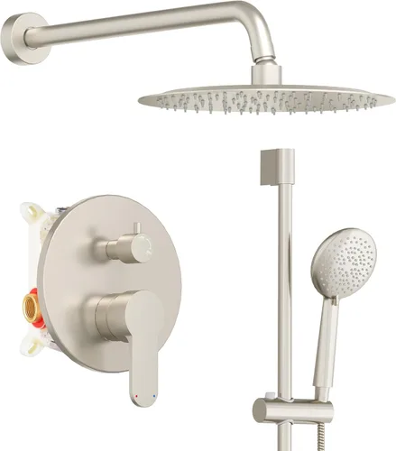 Gabrylly Sistema de ducha de níquel cepillado, juego de grifo de ducha de barra deslizante con cabezal de lluvia de alta presión de 10 pulgadas y