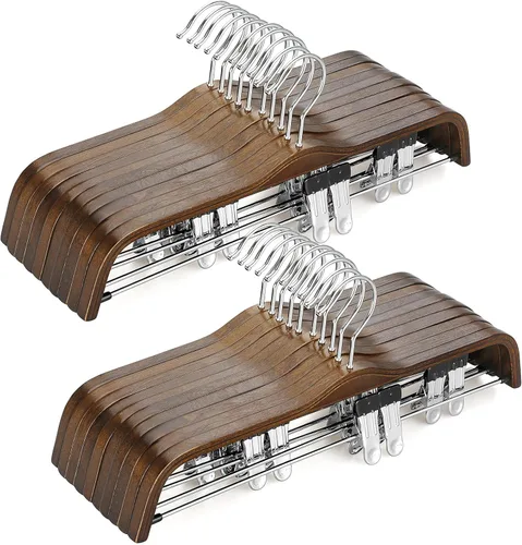 Miniatura 13 de Perchas de madera para pantalones TOPIA HANGER, perchas delgadas de madera natural para faldas con gancho antióxido y clips metálicos ajustables