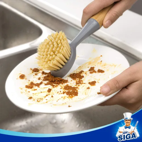 Miniatura 2 de MR.SIGA Cepillo para platos con mango de bambú, raspador incorporado, cepillo para fregar sartenes, ollas, limpieza del fregadero de cocina, paquete