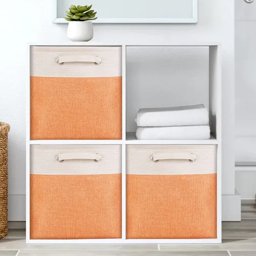 Miniatura 7 de Cajas de almacenamiento plegables de tela, cajas de almacenamiento plegables de 13 pulgadas, canastas de almacenamiento de retazos naranja y beige
